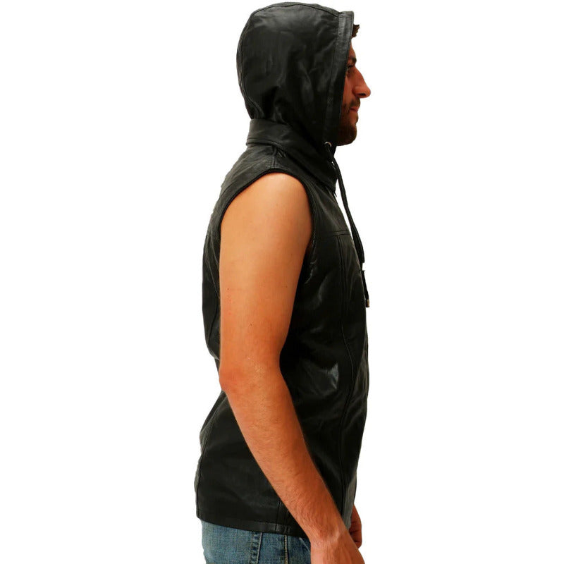 Mens black hooded sleeveless leather shirt sidet view