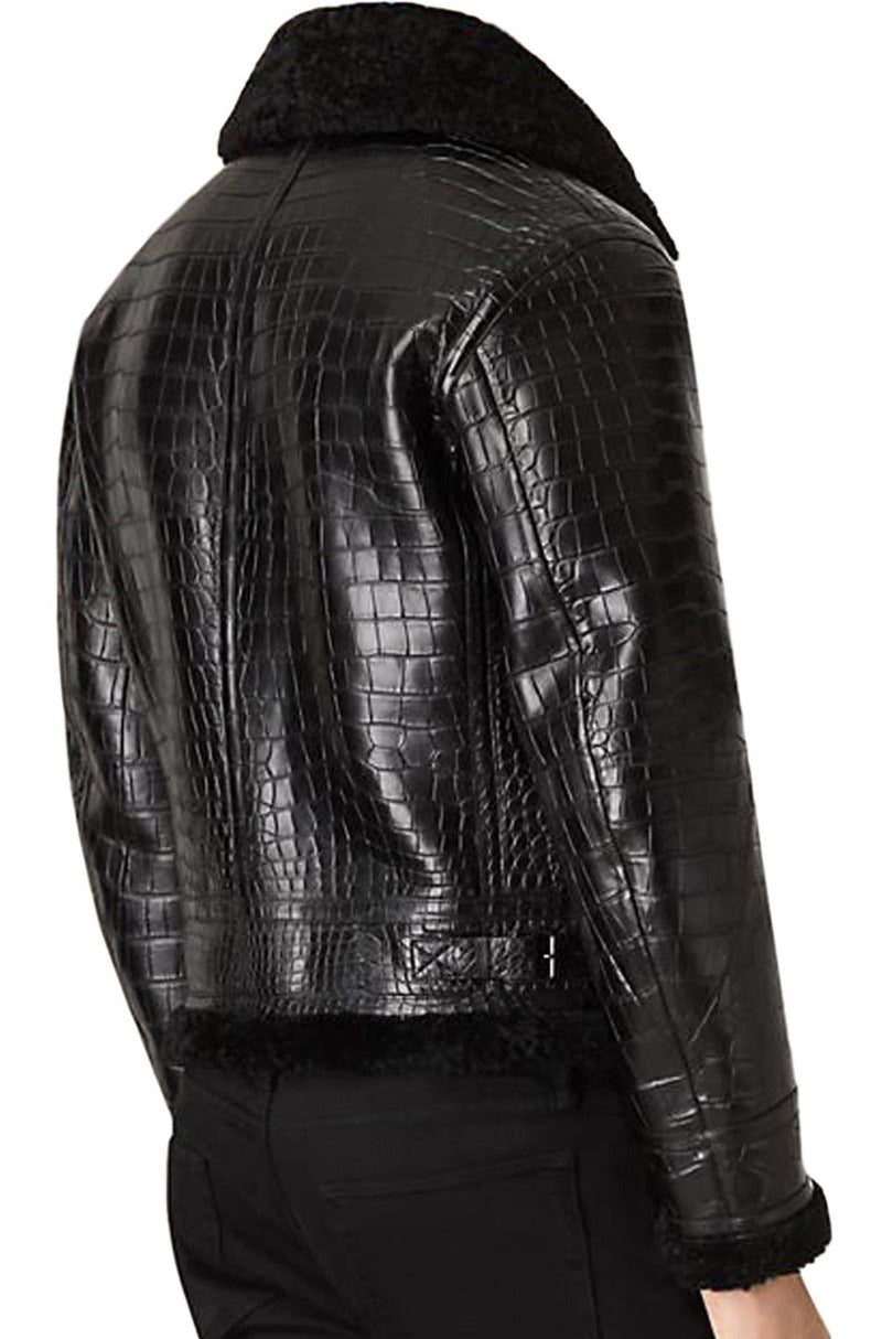 Black Leather Aviator Jacket, Alligator Embossed