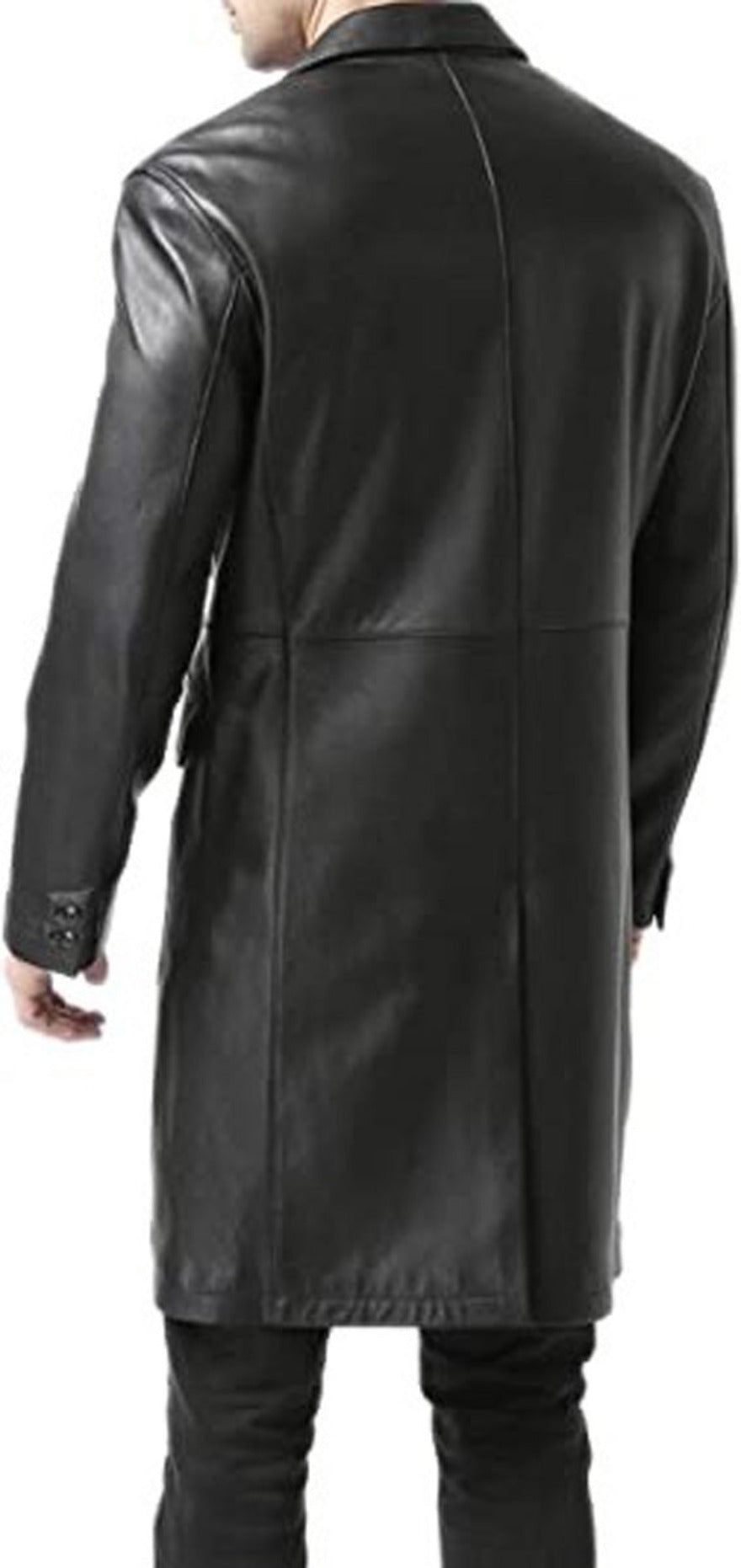 Model wearing a black leather long coat, back view.