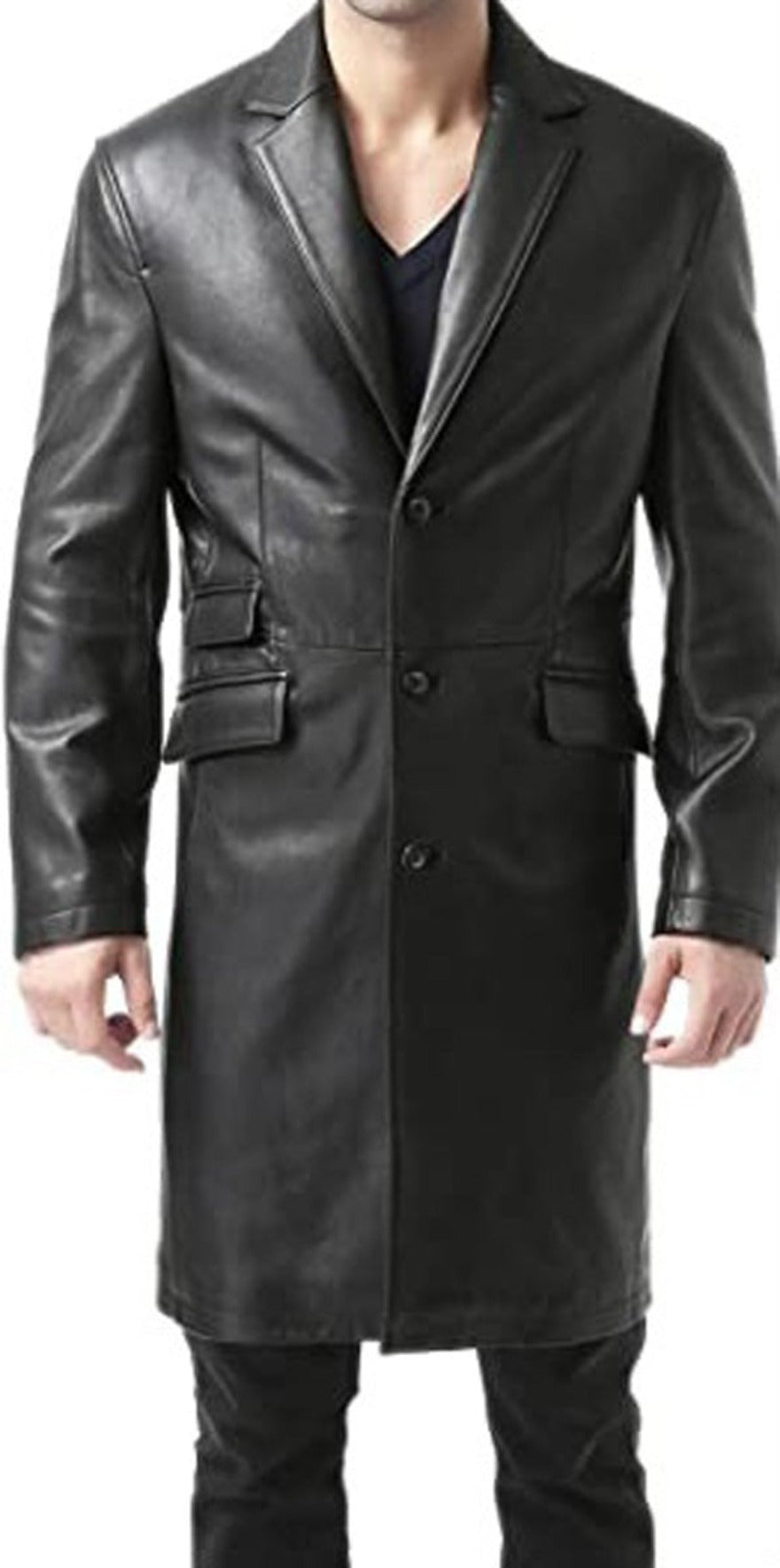 Model wearing mens long leather coat in black front view.