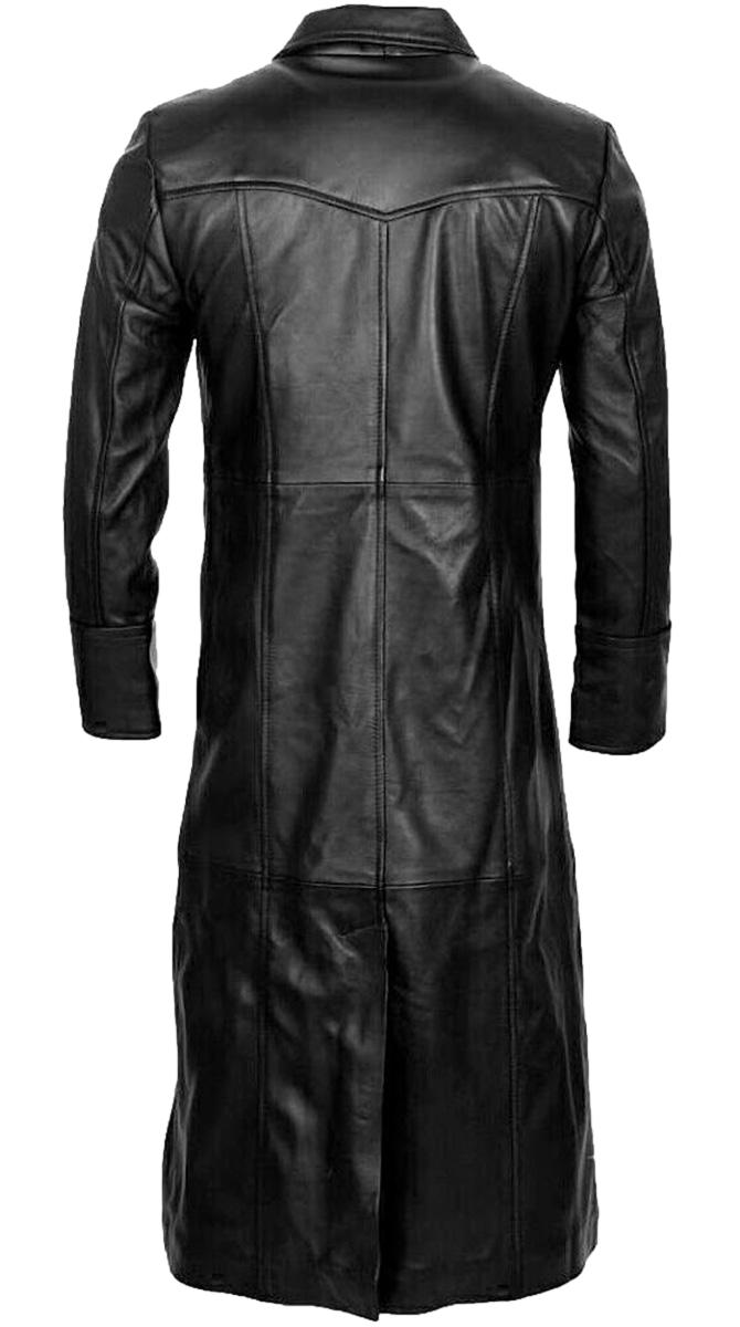 Picture of our 4 button  Mens Leather Trench Coat Full Length in black, back view.