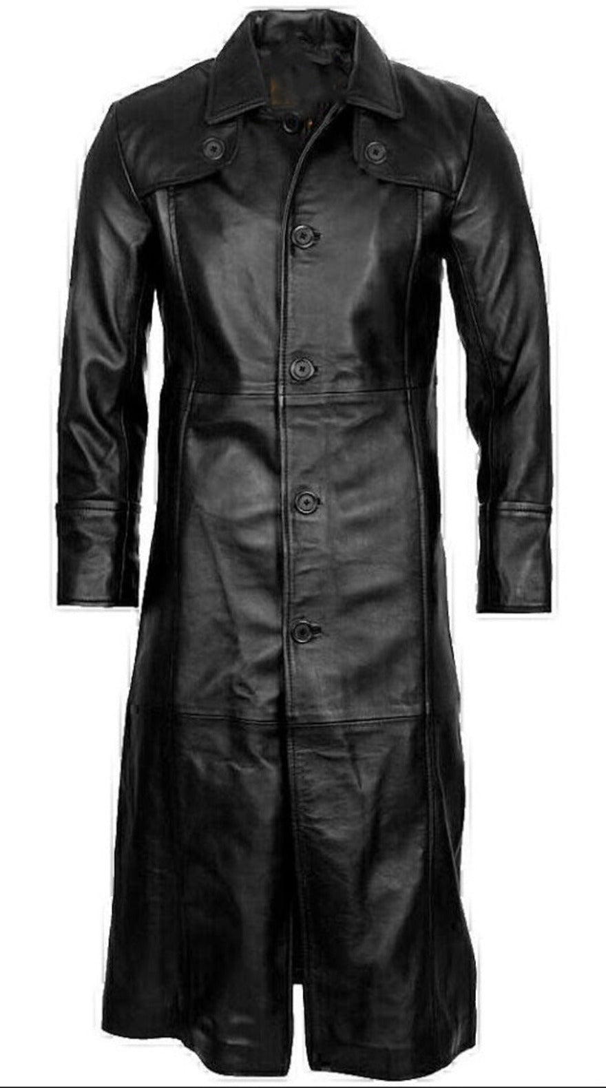 Picture of our 4 button  Mens Leather Trench Coat Full Length in black, front view.