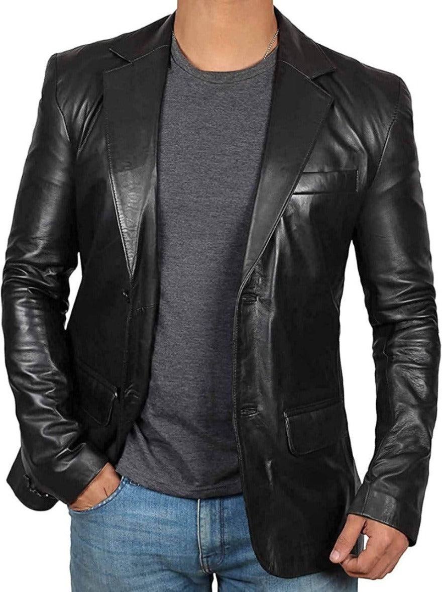 Picture of a model wearing our Mens Leather Blazer Jacket, black color,  Front view