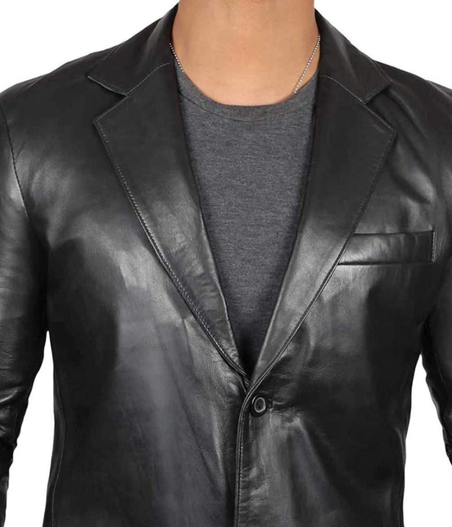 Picture of a model wearing our Mens Leather Blazer Jacket, black color, Front view close up