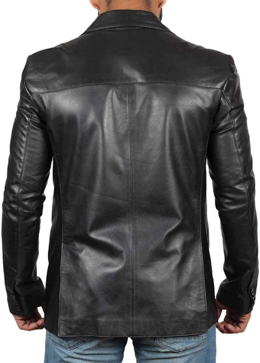 Picture of a model wearing our Mens Leather Blazer Jacket, black color,  Back view