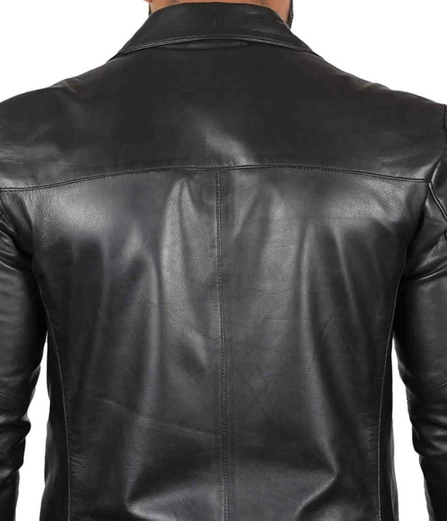 Picture of a model wearing our Mens Leather Blazer Jacket, black color,  close up view of the jacket back