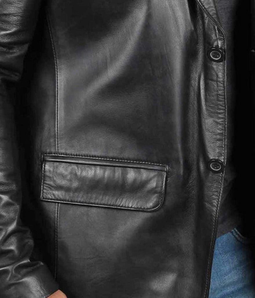 Picture of a model wearing our Mens Leather Blazer Jacket, black color,  Close up, pocket view