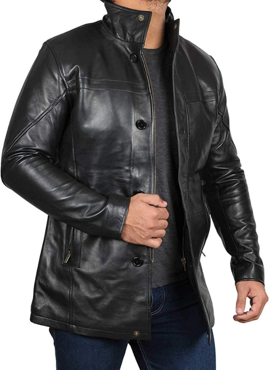 Picture o0f a model wearing our Mens Black Leather Coat side view