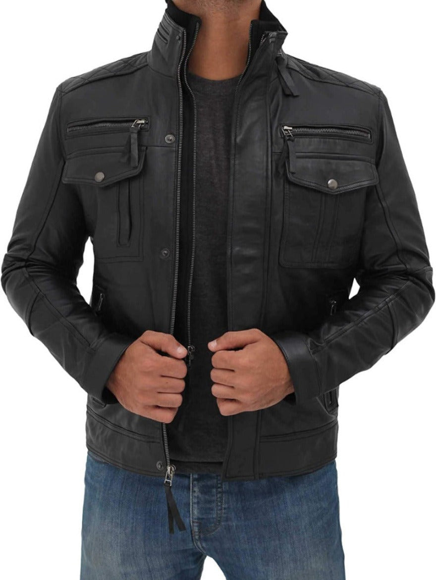 Picture of a model wearing our Mens Black Leather Motorcycle Jacket Front View 1.