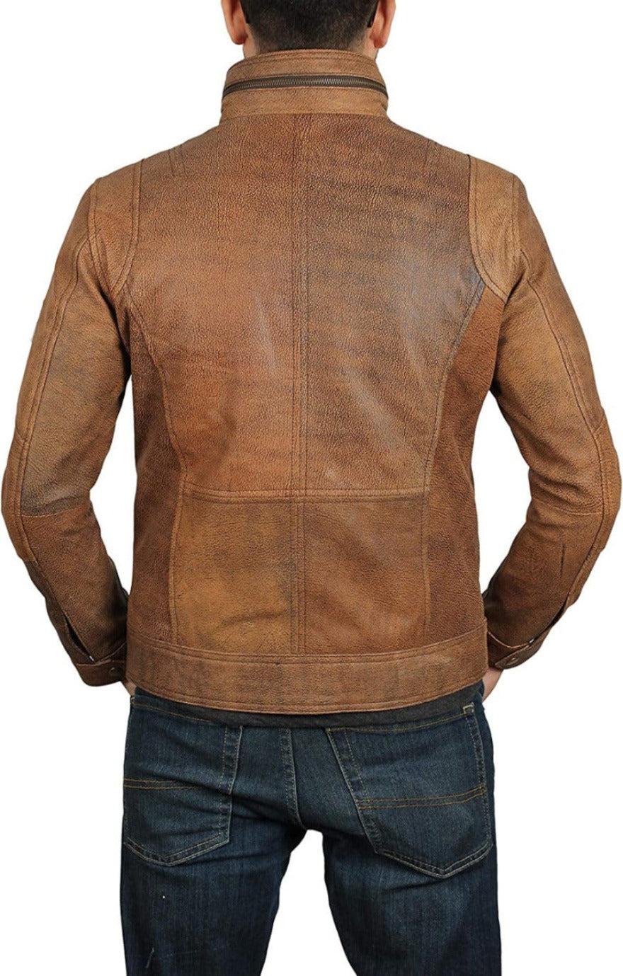 Picture of a model wearing our Mens Distressed Leather Jacket Back View
