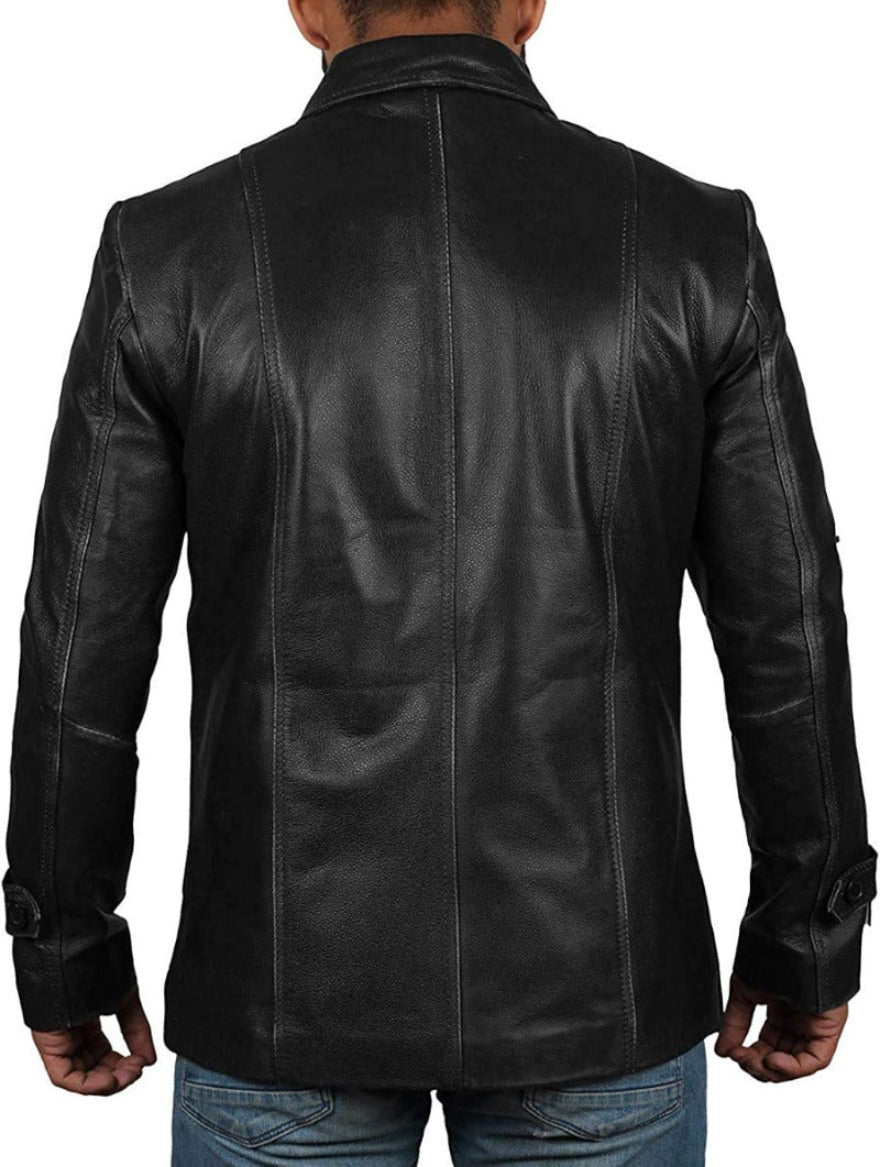 Picture of a model wearing our Trucker style leather jacket back view