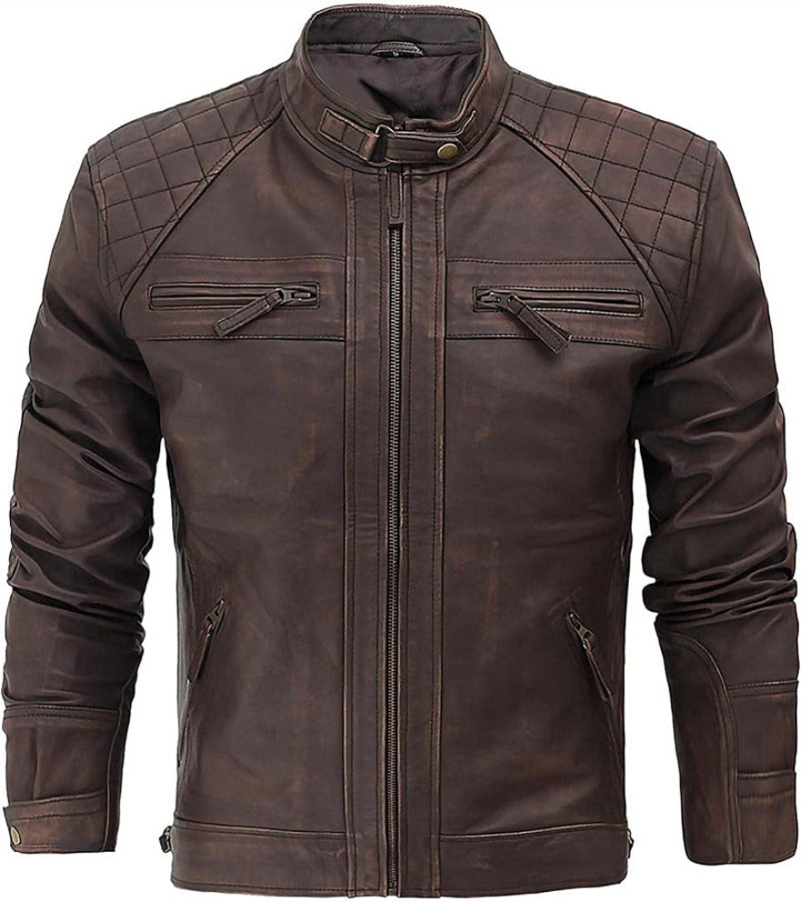 Picture of our Distressed Cafe Racer Jacket in Brown.  Rubbed and waxed  for a distressed appearance, Front view.