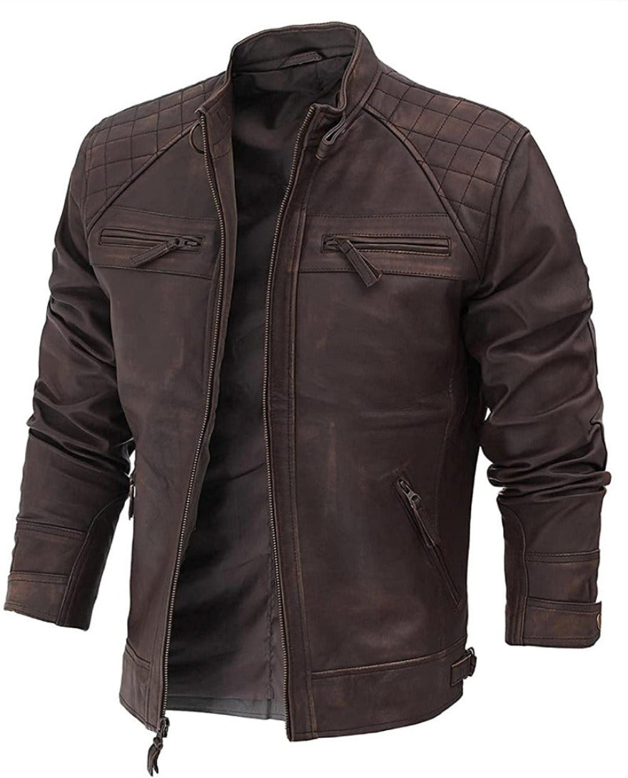 Picture of a brown leather cafe racer jacket rubbed and waxed for a distressed appearance,, zipper open