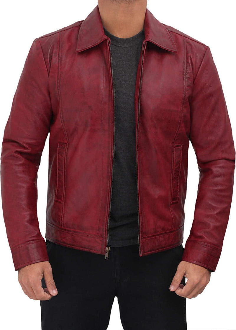 Picture of a model wearing our Mens Waxed Leather Jacket in maroon, front view with zipper open