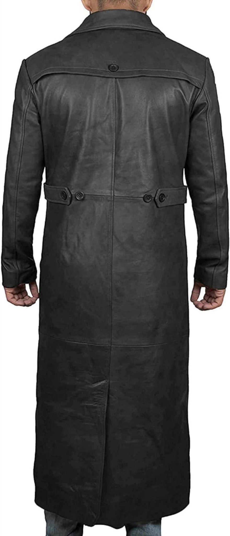 Picture of a model wearing our mens leather trench coat full length, Black color, back view.