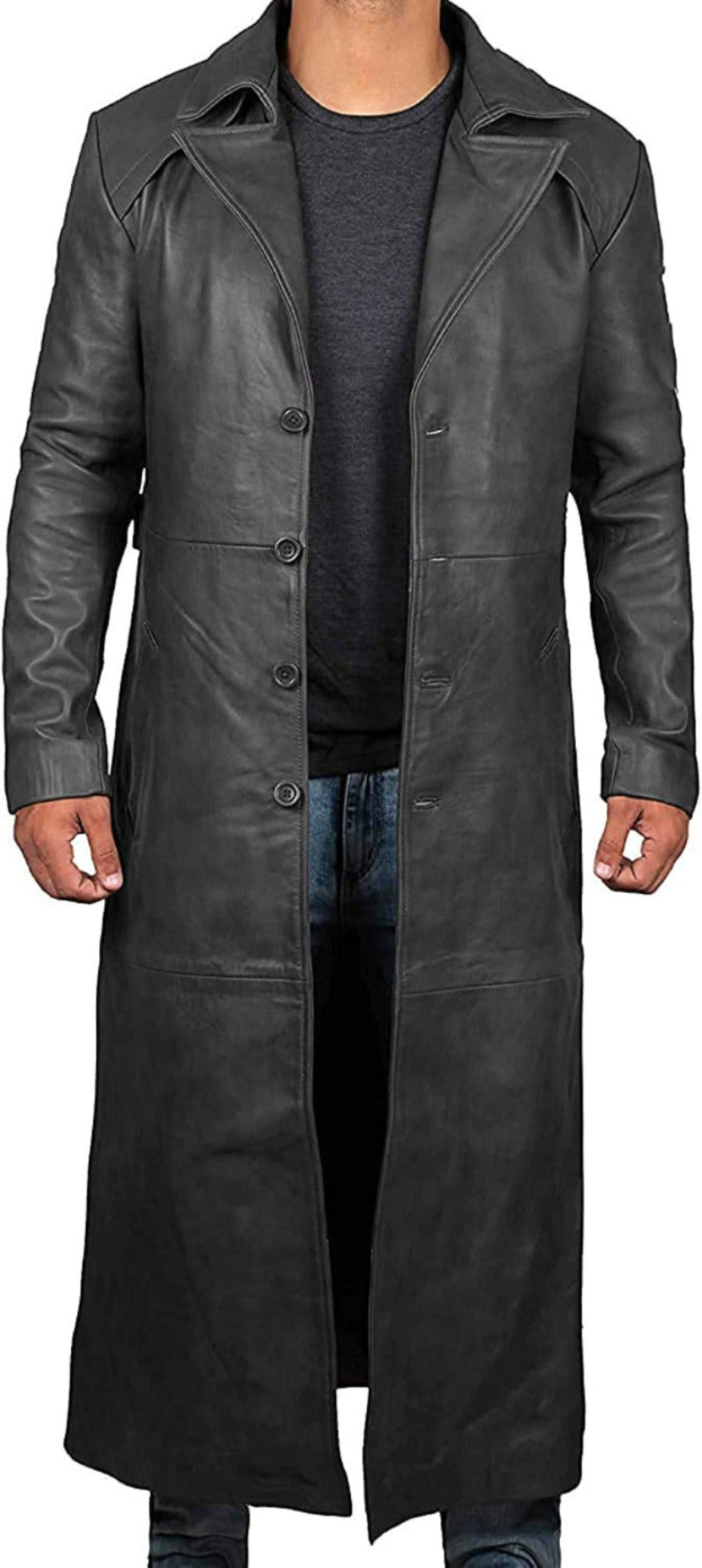 Picture of a model wearing our mens leather trench coat full length, Black color, Front view.