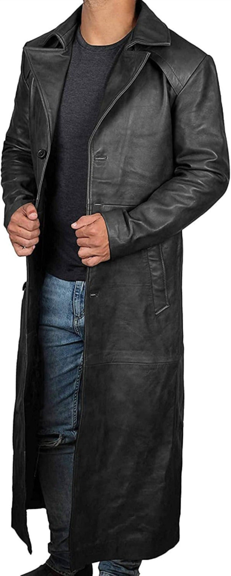 Picture of a model wearing our mens leather trench coat full length, Black color, side view