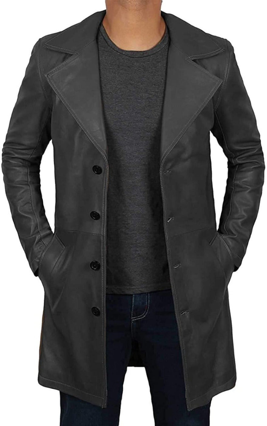 Picture of a model wearing our Short Leather Trench Coat Mens, black, front view.
