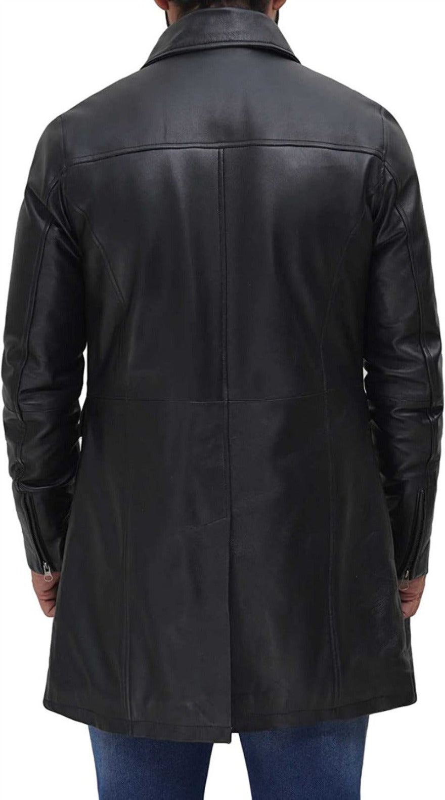 Mens three quarter length black leather coat, back view 