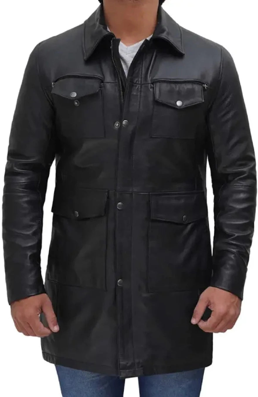 Picture of a model wearing our Mens Black Leather Car Coat, front view.