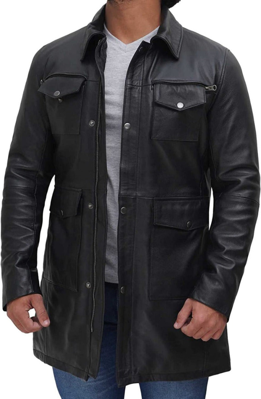 Picture of a model wearing our Mens Black Leather Car Coat, front view with zipper open.
