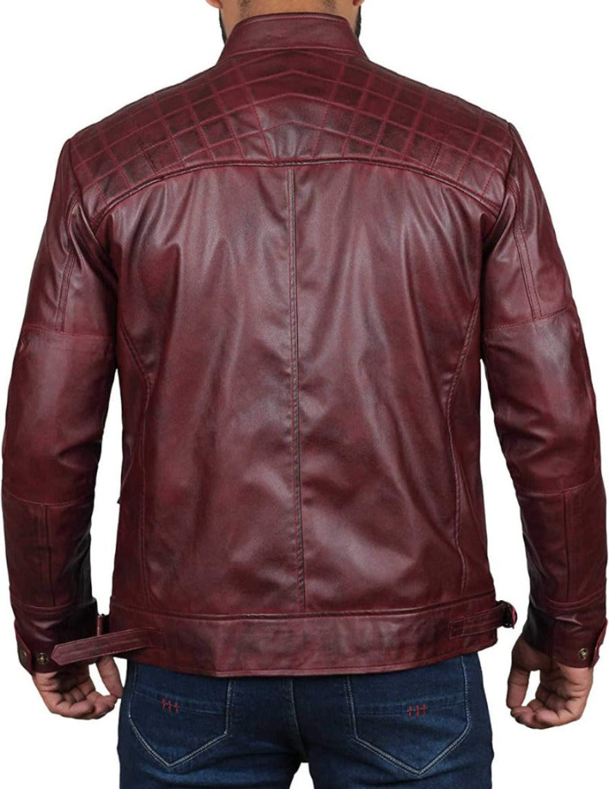 Picture of a model wearing our Maroon Cafe Racer leather jacket, back view.