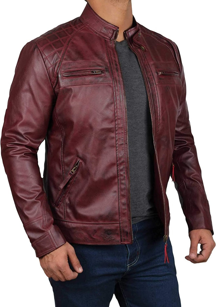 Picture of a model wearing our Maroon Cafe Racer leather jacket, side view.