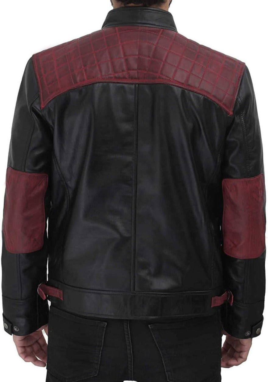 Picture of a model  wearing  our Mens Black Leather Cafe Racer Jacket with Maroon  quilted shoulders, back view.