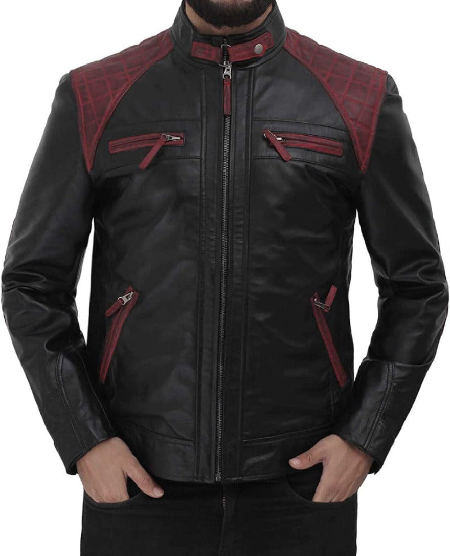 Model wearing Mens Leather Cafe Racer Jacket Distressed Black &amp; Maroon  Front view zippered