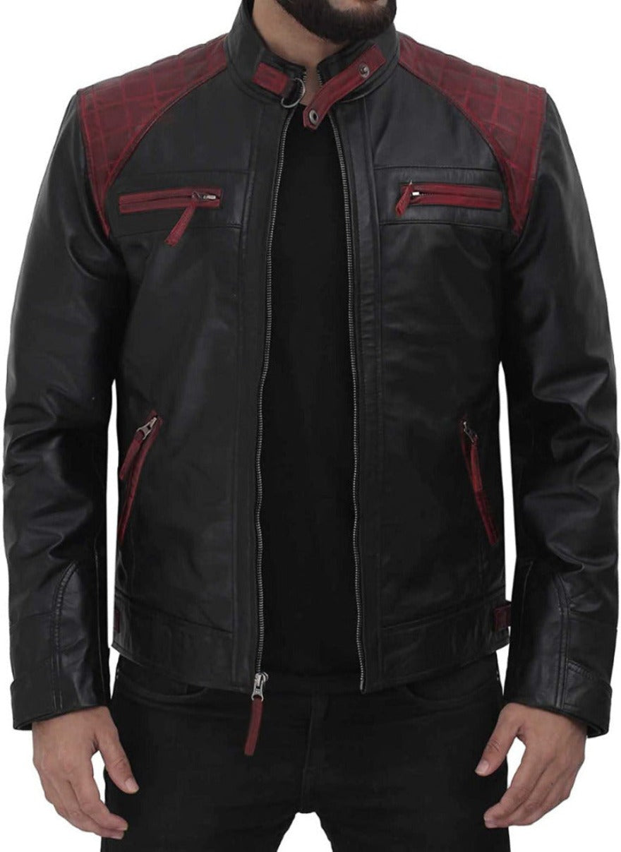 Picture of a model  wearing  our Mens Black Leather Cafe Racer Jacket with Maroon  quilted shoulders, Front View.