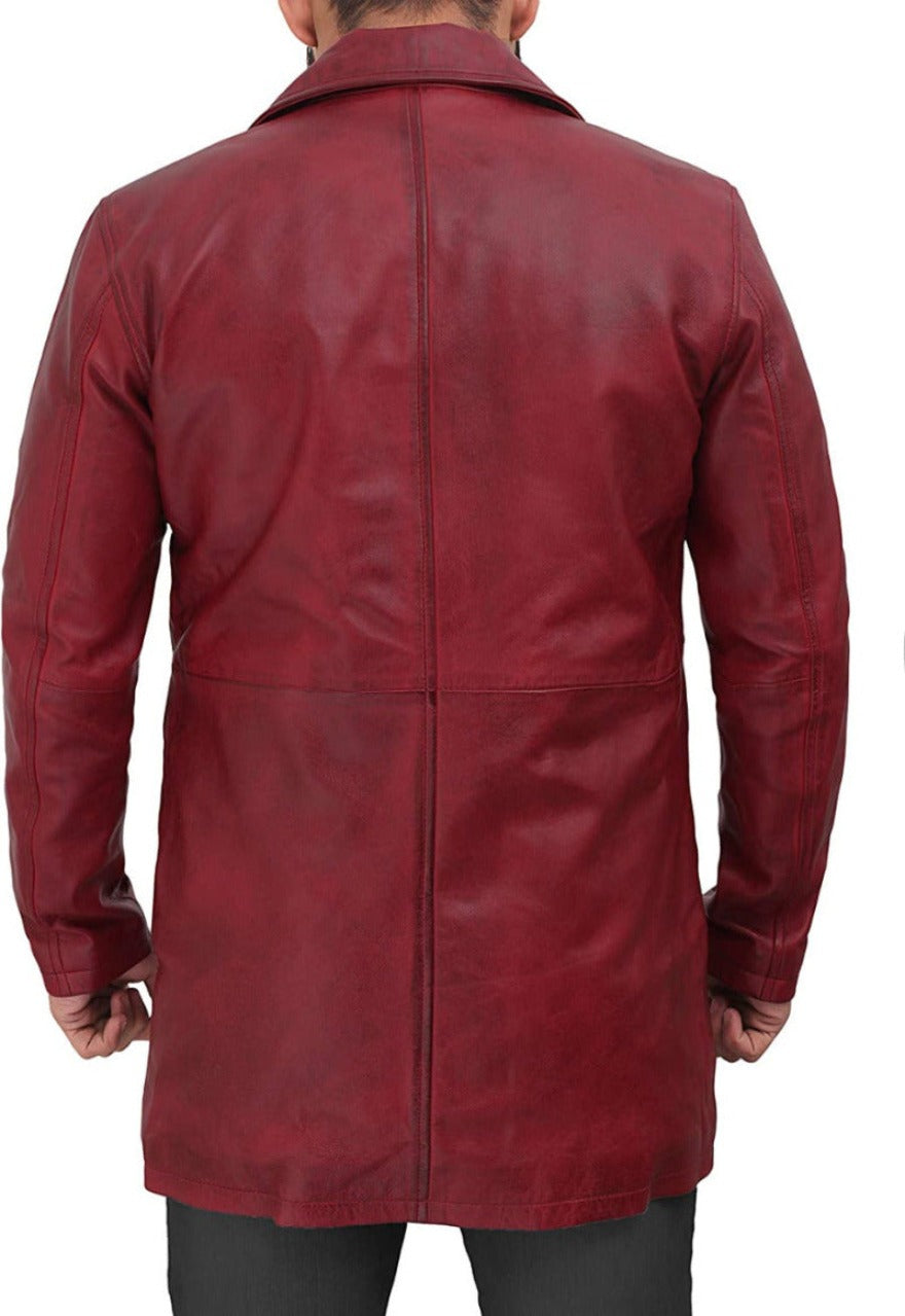 Picture of a model wearing our Short Leather Trench Coat Mens maroon,  back view