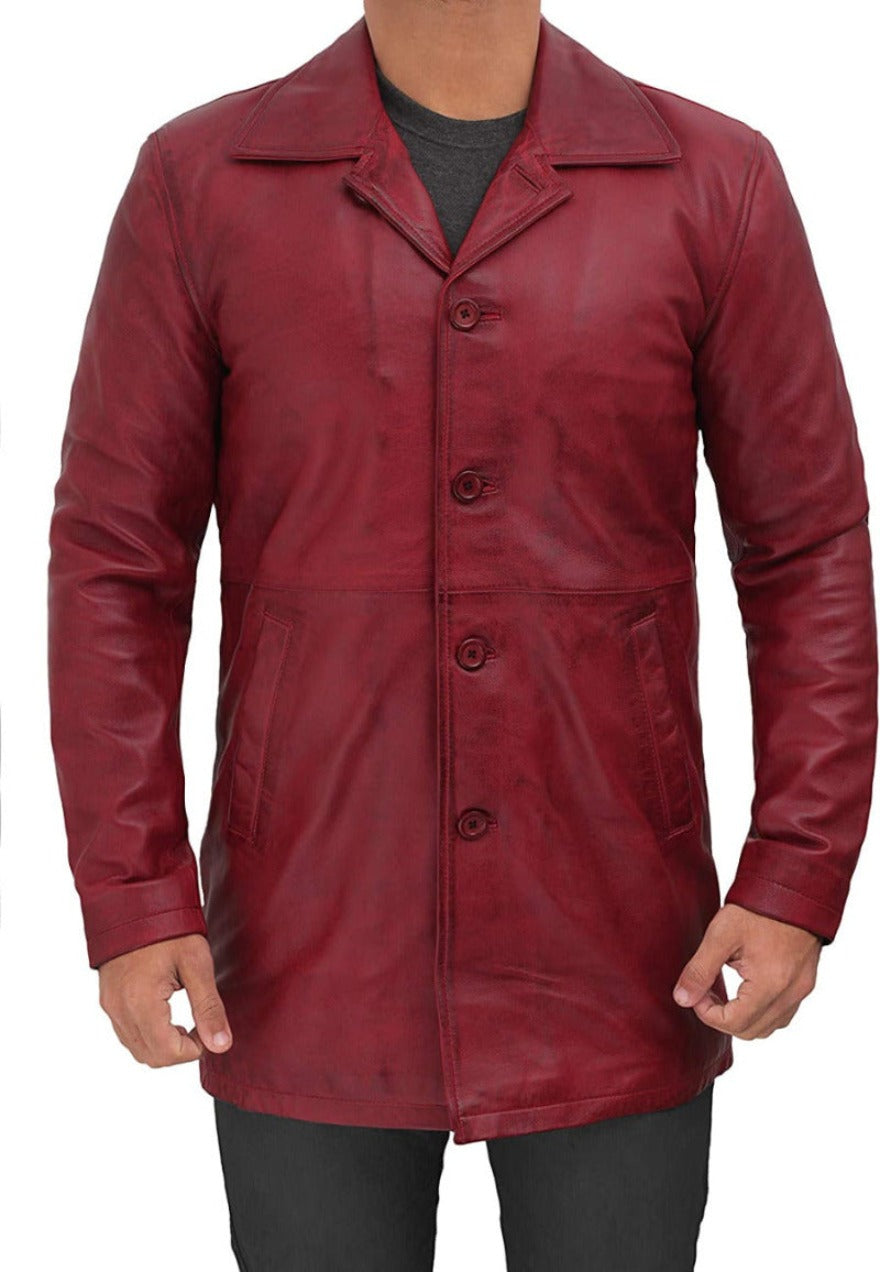 Picture of a model wearing our Short Leather Trench Coat Mens maroon, front view buttoned up