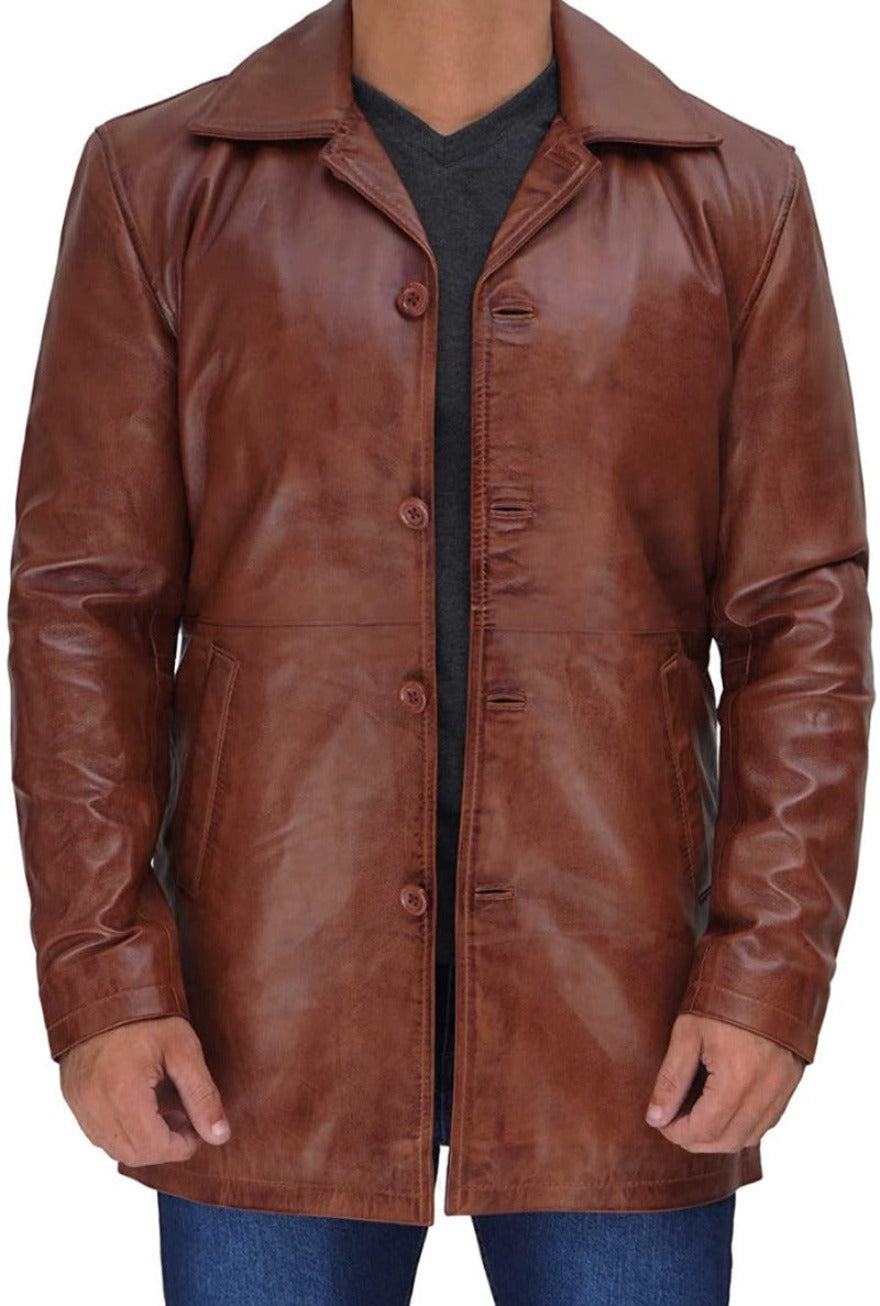 Picture of a model wearing our Short Leather Trench Coat Mens brown, front view.