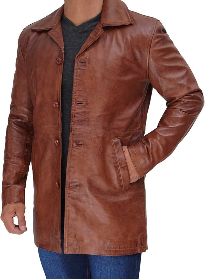 Mens long leather trench coat distressed bronze, side  view