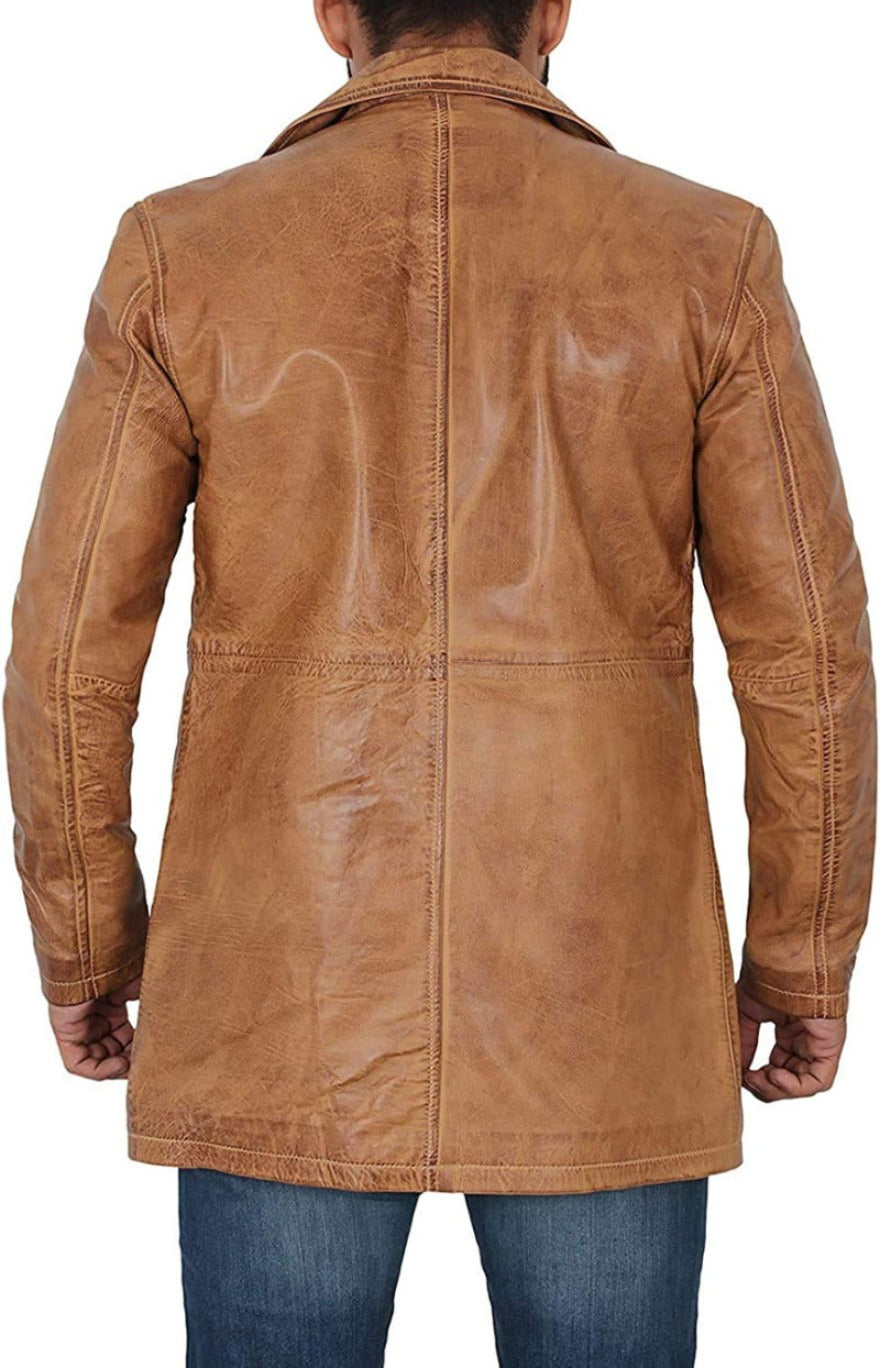 Picture of a model wearing our Short Leather Trench Coat Mens camel, back view