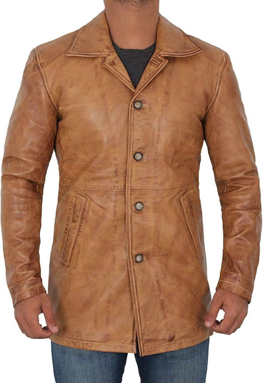 leather dress coat mens The Jacket Maker Mens Hooligan Black Leather Trench Coat