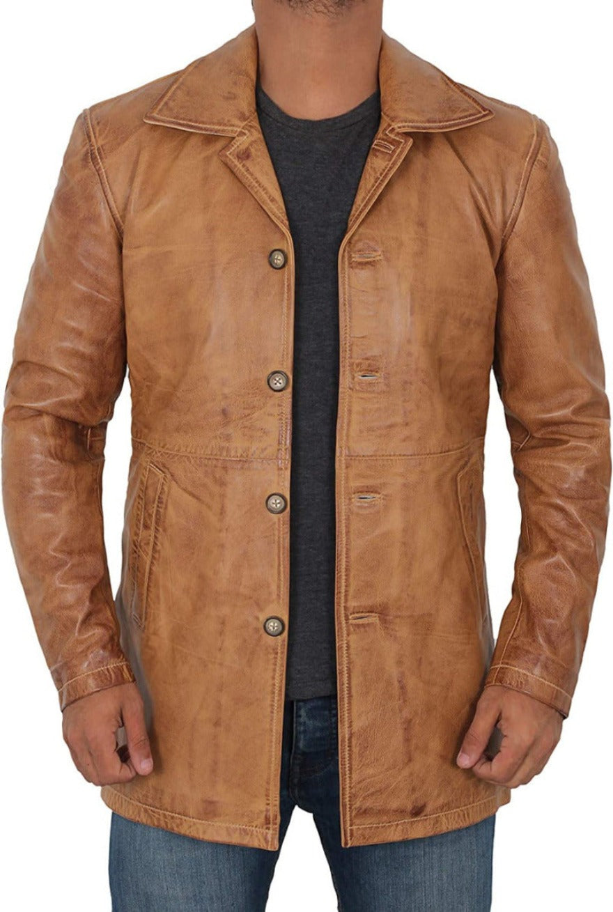 Picture of a model wearing our Short Leather Trench Coat Mens camel, front view.