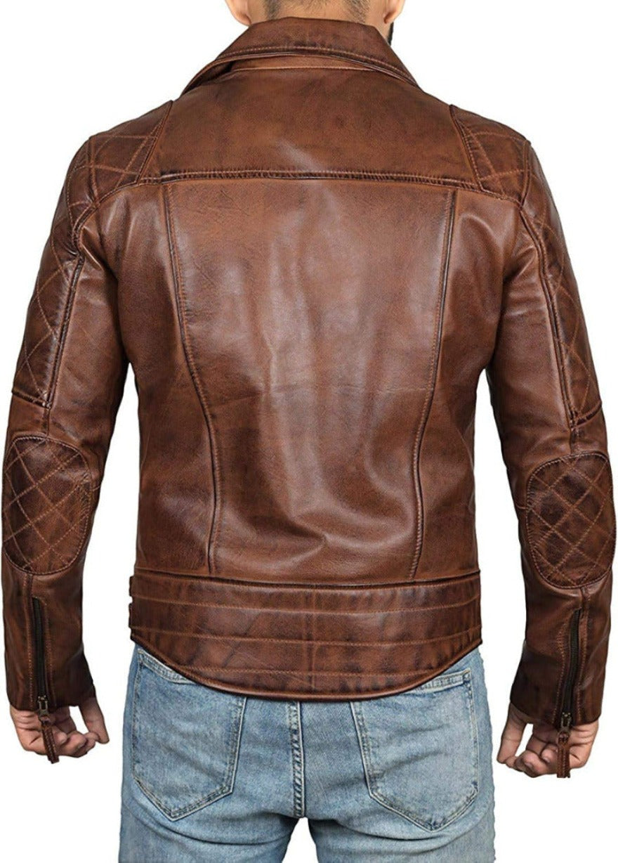 Mens BrownLeather Moto Jacket Back view