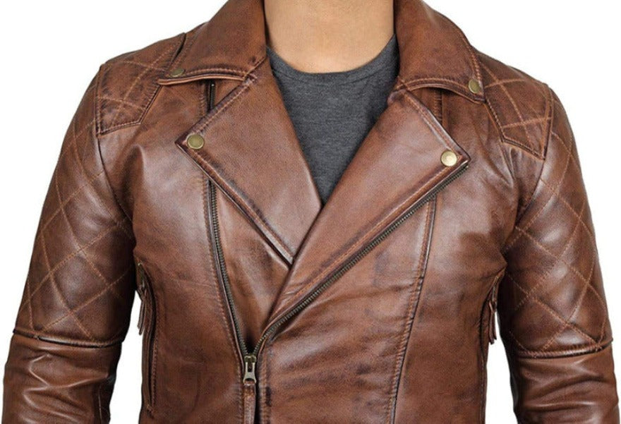 Mens BrownLeather Moto Jacket front view close up