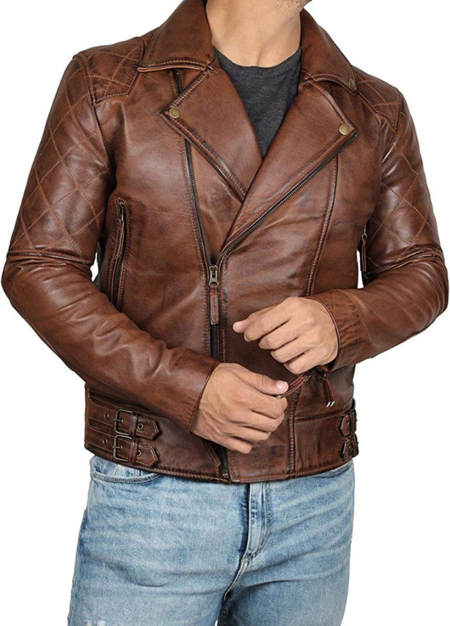 Image of a model wearing our Mens BrownLeather Moto Jacket front view.