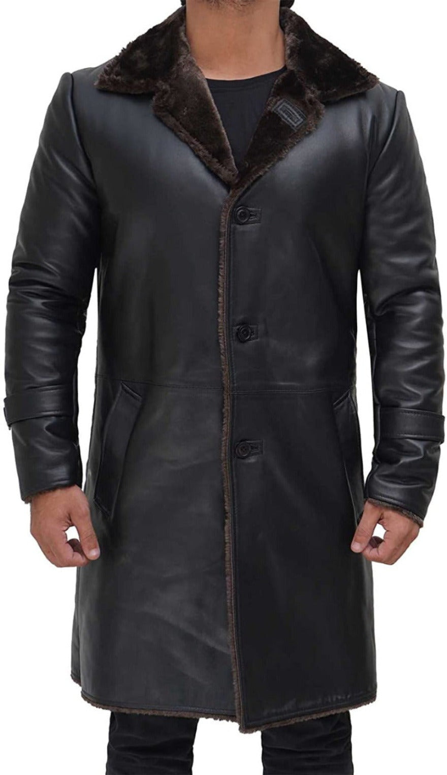 Picture of a model wearing our Mens Leather Shearling Trench Coat , front view ,  buttoned.