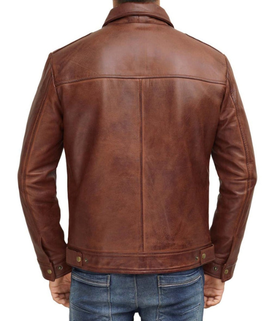 Picture of a model wearing our Brown Trucker Leather Jacket, back view.