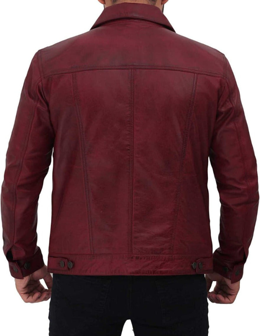 Picture of a model wearing our Trucker Leather Jacket for Men, maroon  color, back view