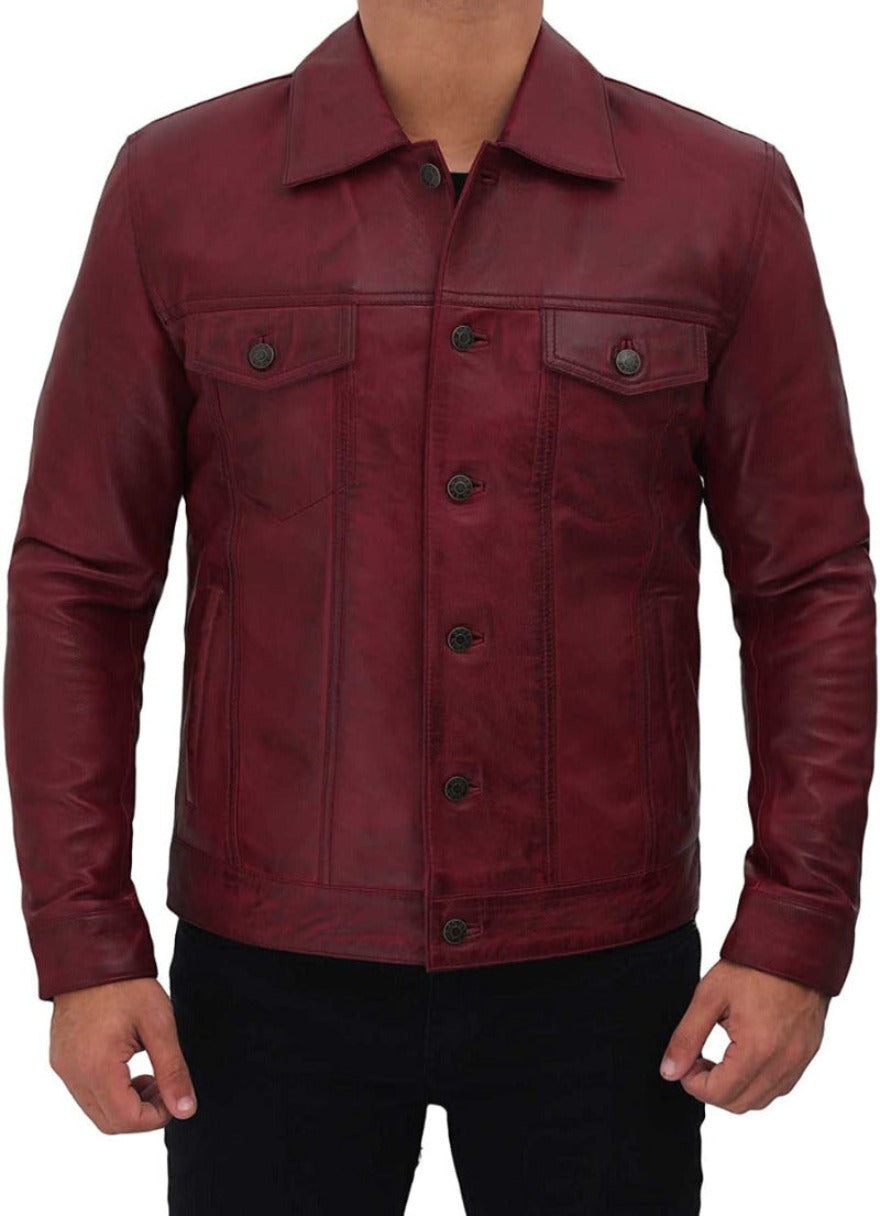 Picture of a model wearing our Trucker Leather Jacket Mens, maroon  color, front view buttoned.