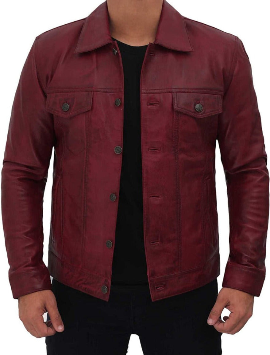 Picture of a model wearing our Trucker Leather Jacket for Men, maroon  color, front view