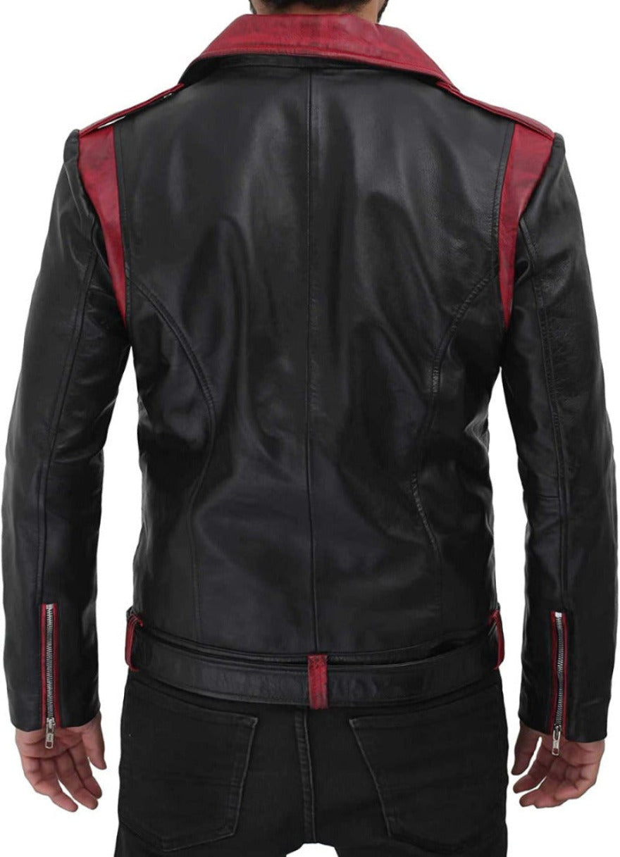Picture of a model wearing our Leather Moto Jacket Black with maroon collar and trim, backt view.
