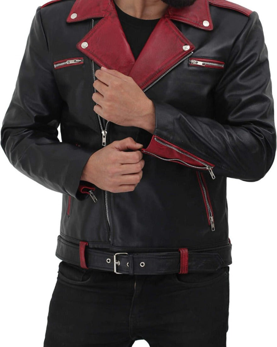 Picture of a model wearing our Leather Moto Jacket Black with maroon collar and trim, front view., close up.