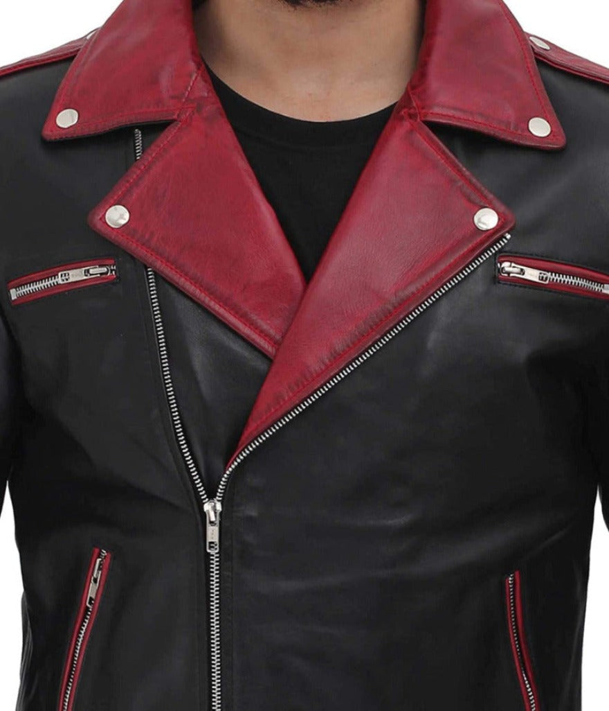 Picture of a model wearing our Leather Moto Jacket Black with maroon collar and trim, close up view of the maroon collar and lapels.