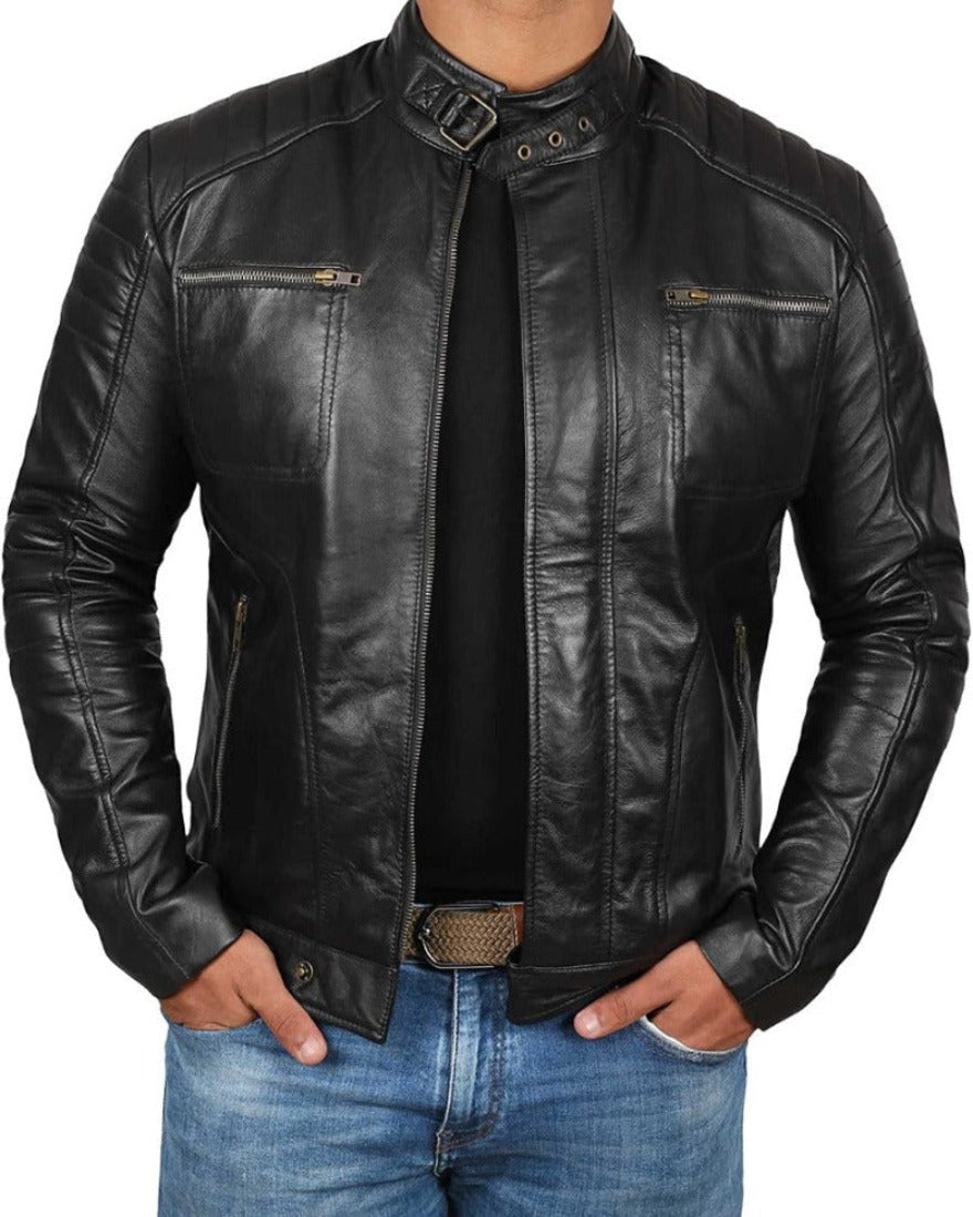 Picture of a model wearing a Black Cafe Racer Leather Jacket , front view with zipper open