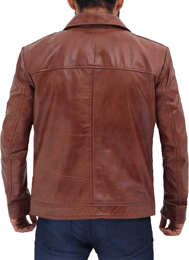 Picture of a model wearing our Mens Waxed Leather Jacket in brown back view. 